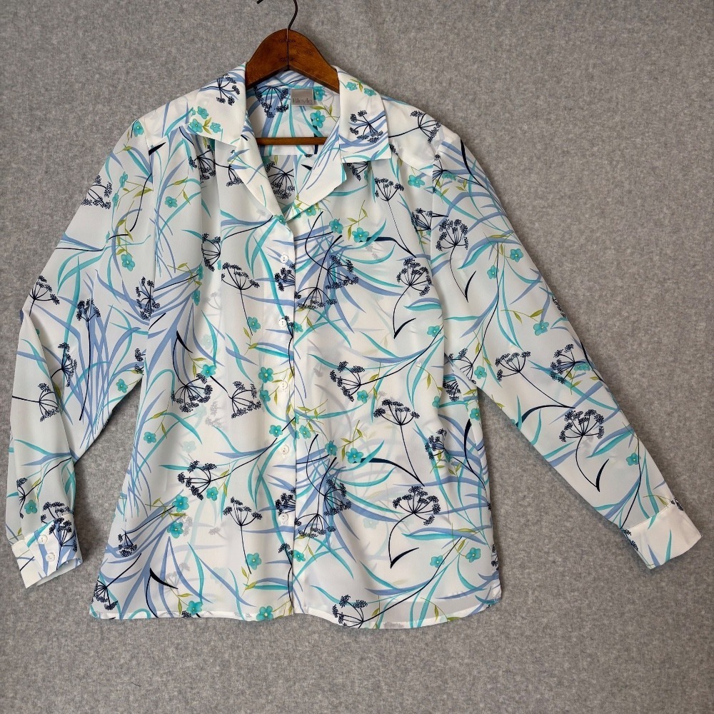 Vintage USA 80s Bleyle White Blue Floral Women's Button‎ Down Blouse Top Sz 14
